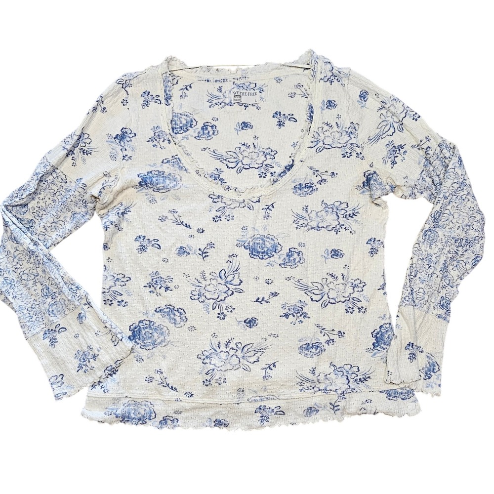We The Free Free People Blue Floral Waffle Knit Scoop Neck Top Large OB2015205